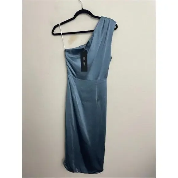Elliatt Cassini Dress One Shoulder Satin Midi Cadet Blue Size S NWT $189msrp